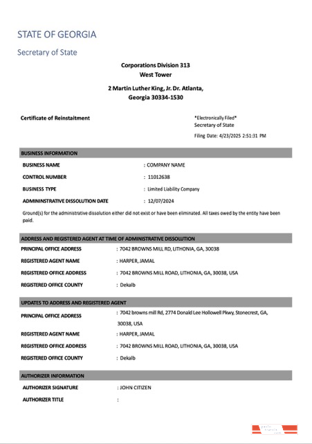 USA Georgia certificate of reinstatement Word and PDF template, version 2